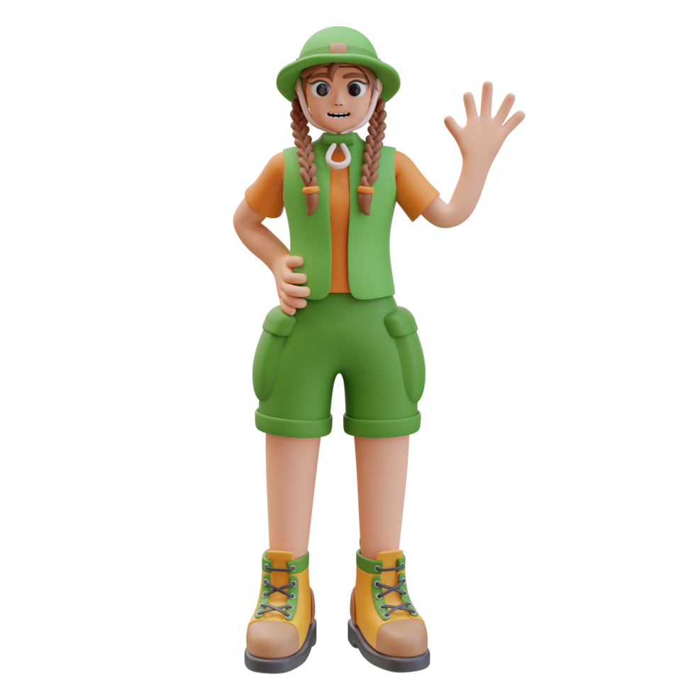 3d illustration of Camper Girl Waving Hand In Greeting Gesture. Travel Concept, Outdoor Activity, Closer to Nature. Character design. 3d Render Illustration png