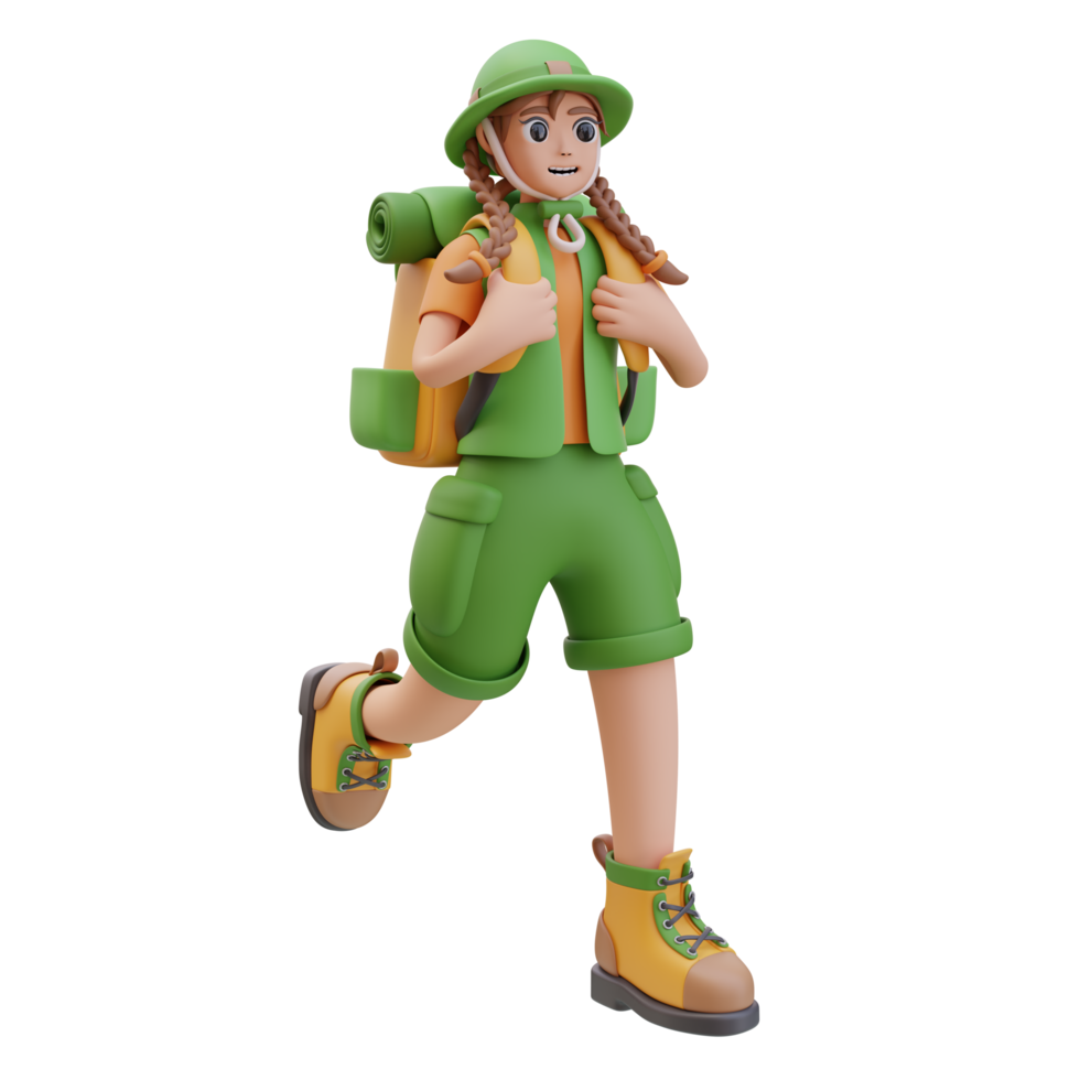 3d illustration of Camper Girl Walking With Backpack. Travel Concept, Outdoor Activity, Closer to Nature. Character design. 3d render illustration png