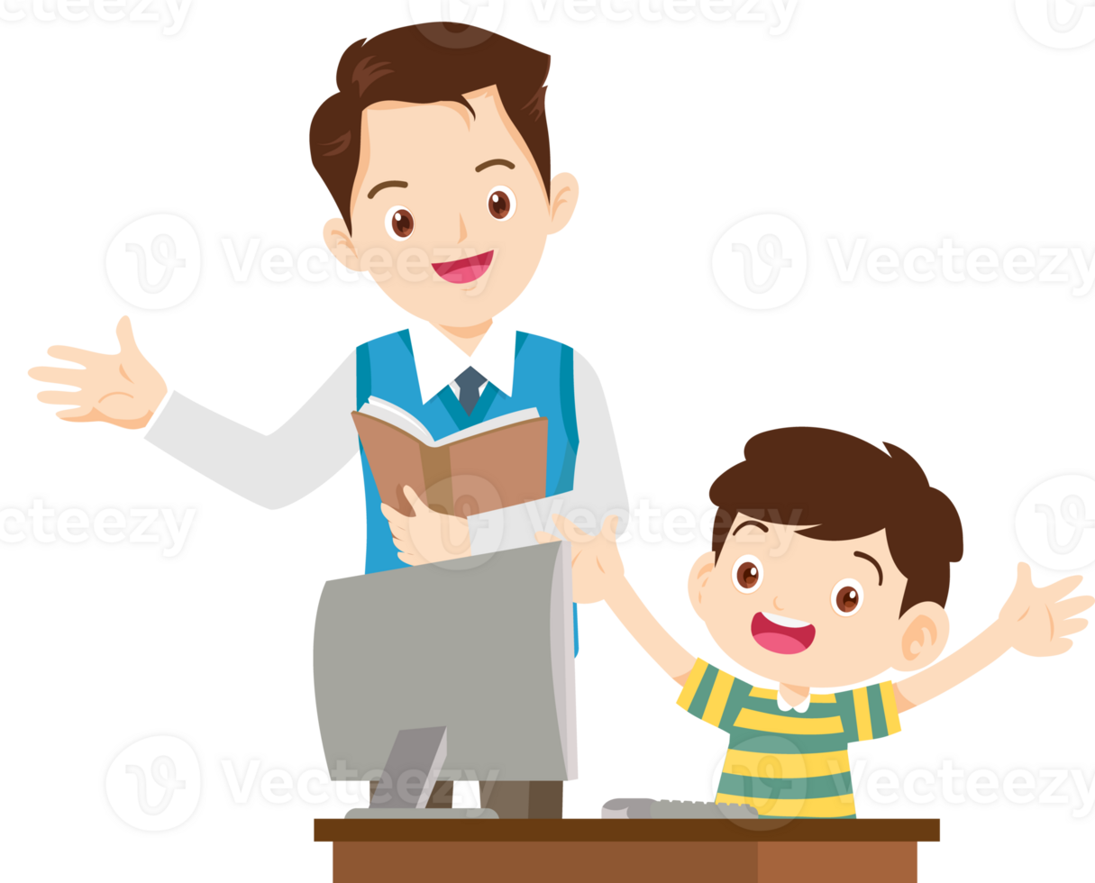 happy teacher and student learning computer png