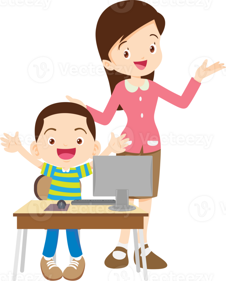happy teacher and student learning computer png