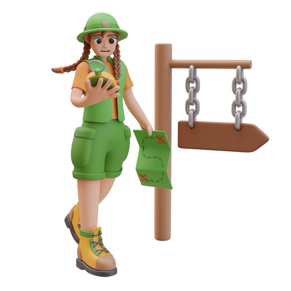 3d illustration of Camper Girl With Compass Looking For Direction Near Road Sign. Location Concept, Outdoor Activity, Closer to Nature. Character design. 3d Render Illustration png