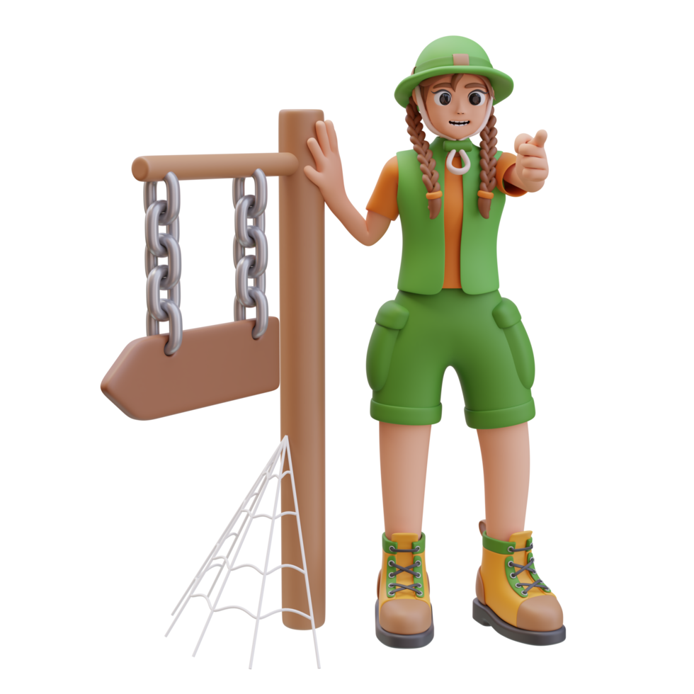 3d illustration of Camper Girl Near Traffic Sign in Web Pointing Direction. Adventure Concept, Outdoor Activity, Closer to Nature. Character design. 3d Render Illustration png