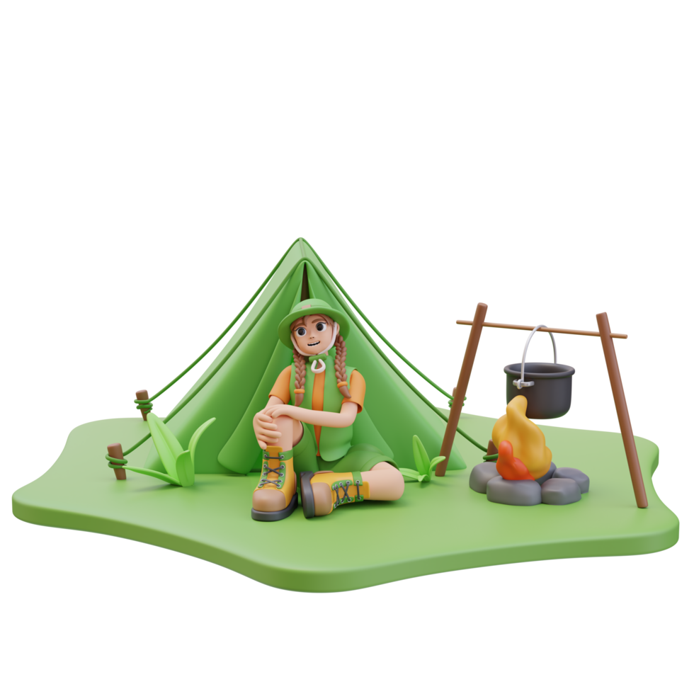 3d illustration of Camper Girl Sitting Near Tent and Campfire with Food. Adventure Concept, Outdoor Activity, Closer to Nature. Character design. 3d Render Illustration png