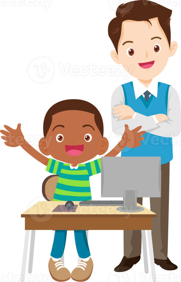 happy teacher and student learning computer png