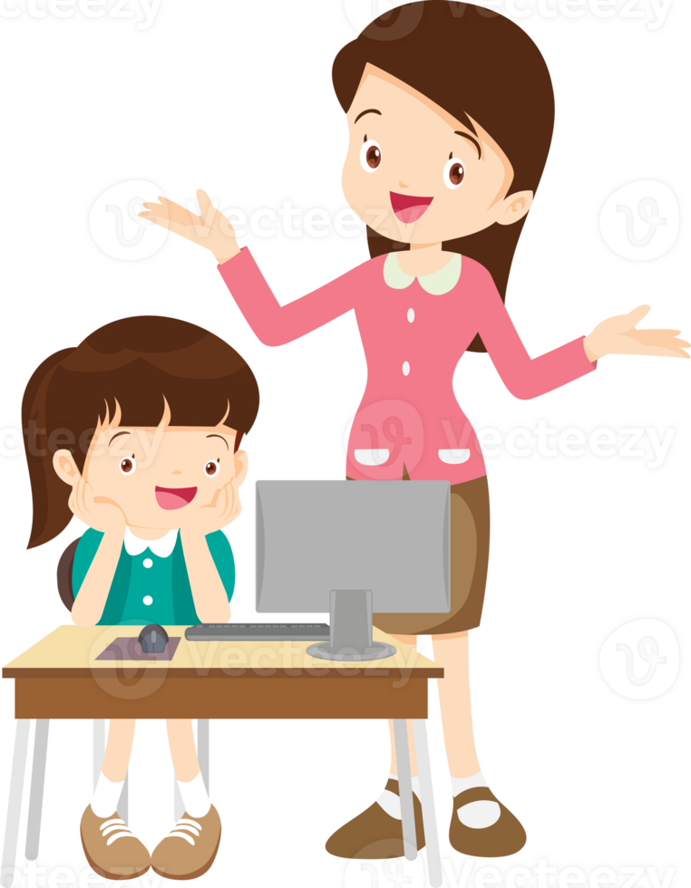 happy teacher and student learning computer png
