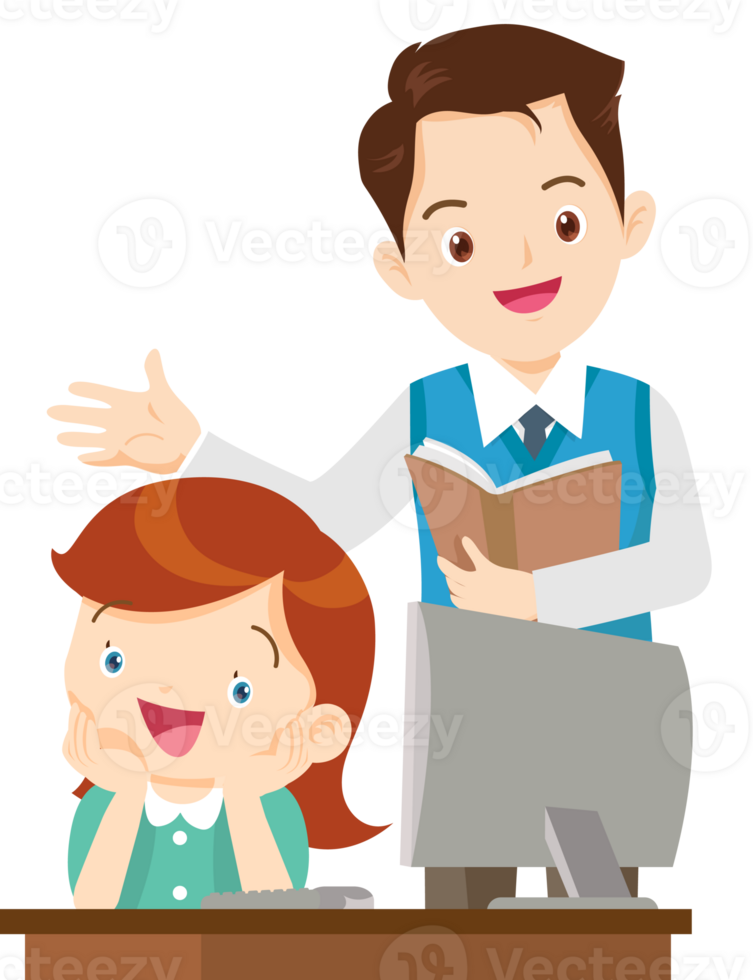 happy teacher and student learning computer png
