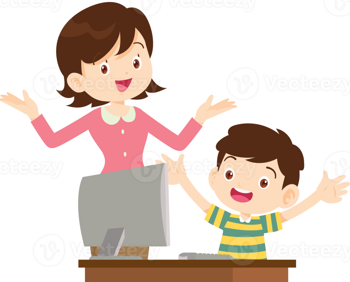 happy teacher and student learning computer png