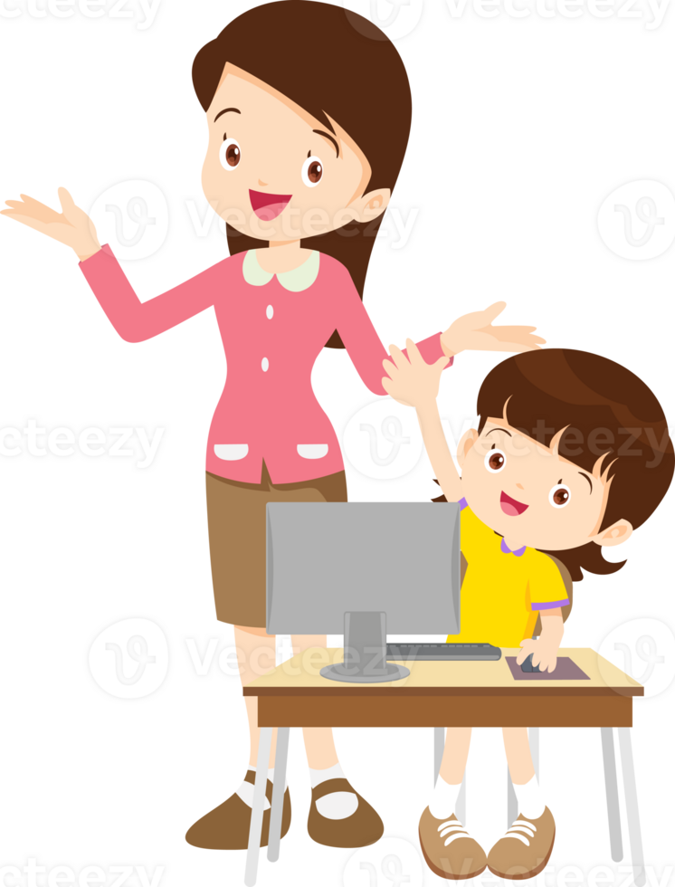 happy teacher and student learning computer png