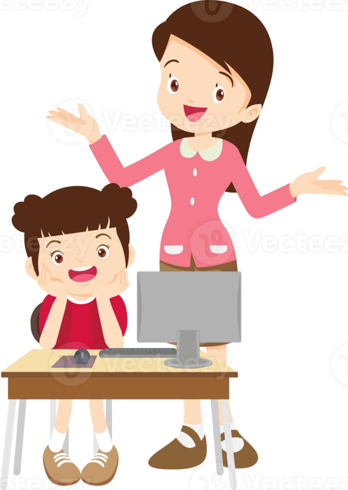 happy teacher and student learning computer png