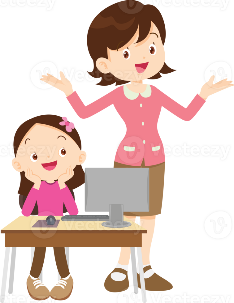 happy teacher and student learning computer png