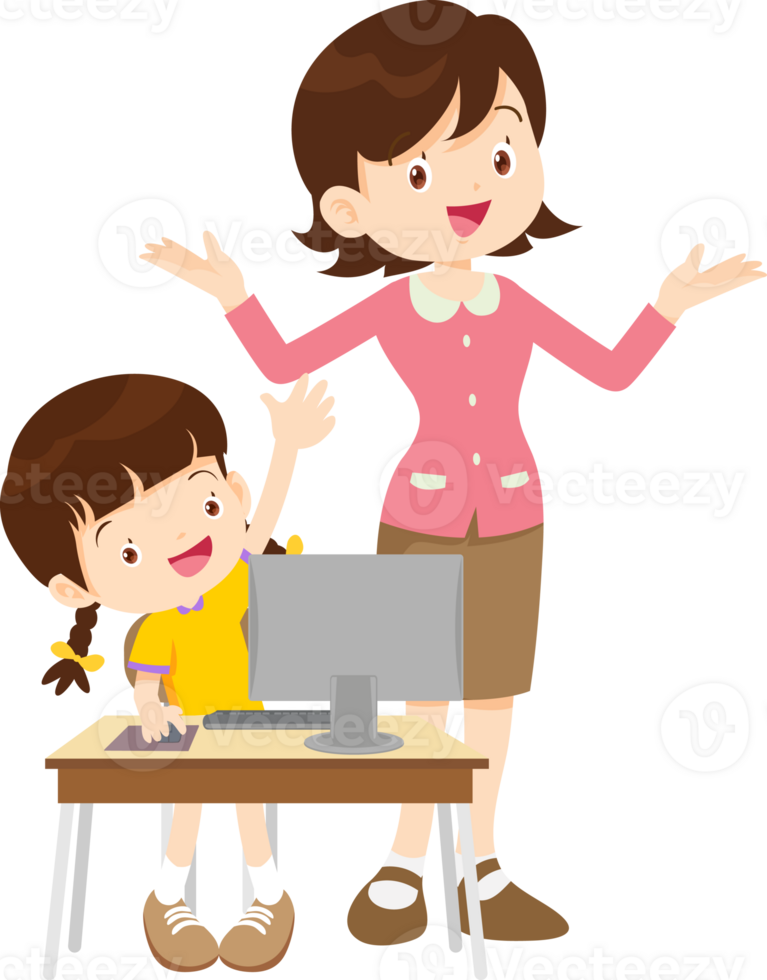 happy teacher and student learning computer png