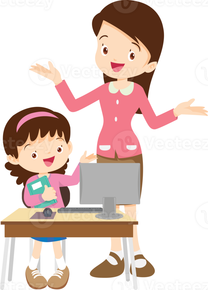 happy teacher and student learning computer png