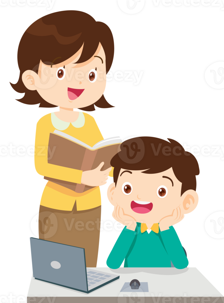happy teacher and student learning computer png