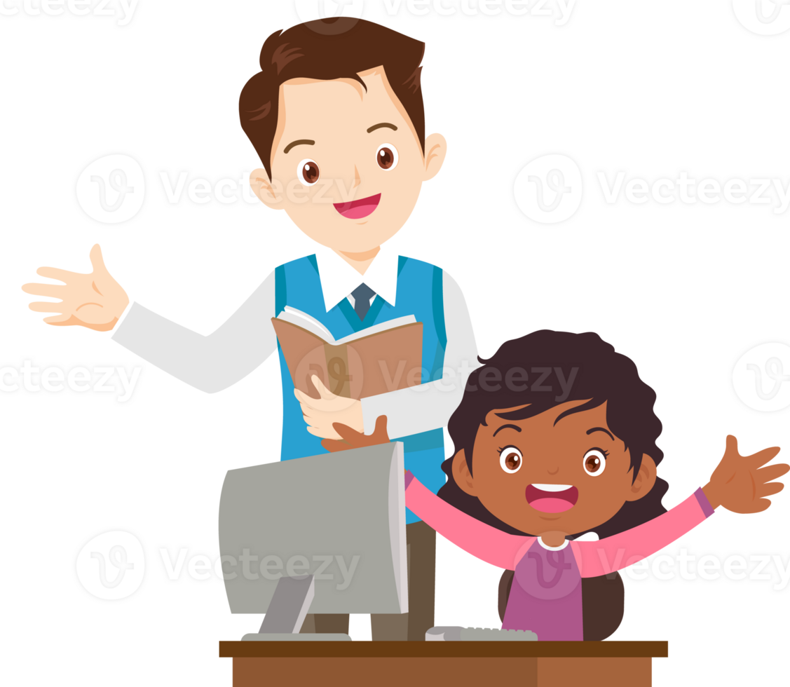 happy teacher and student learning computer png