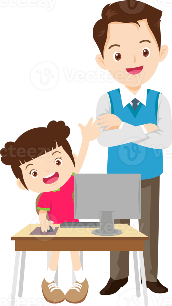 happy teacher and student learning computer png
