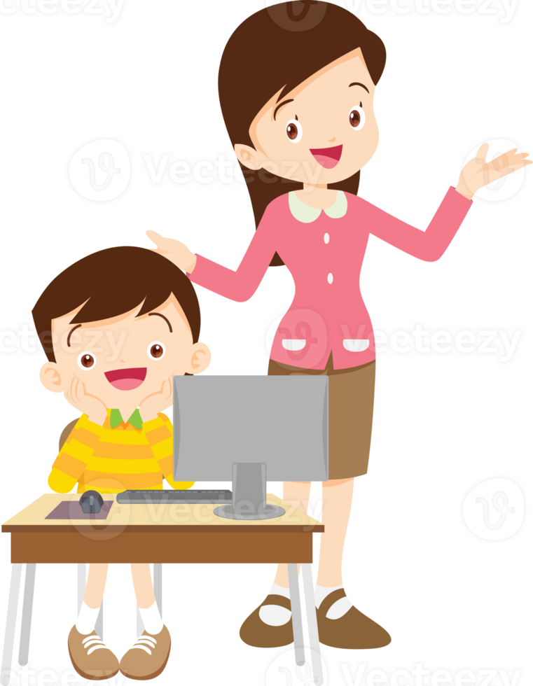happy teacher and student learning computer png