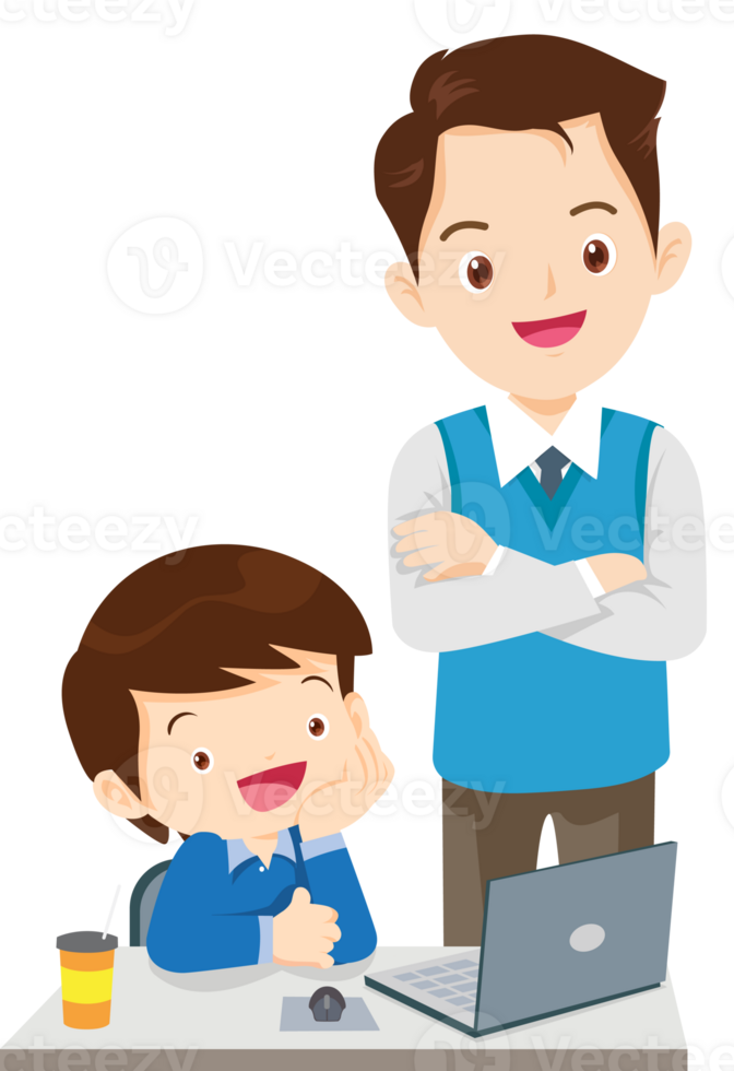 happy teacher and student learning computer png