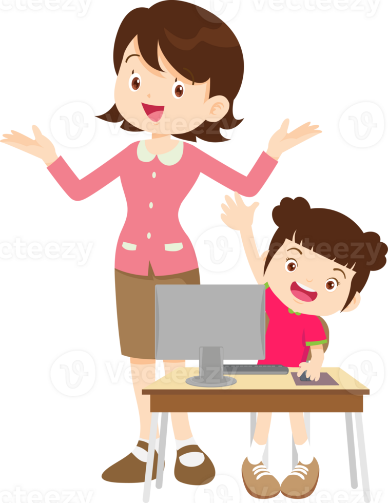 happy teacher and student learning computer png
