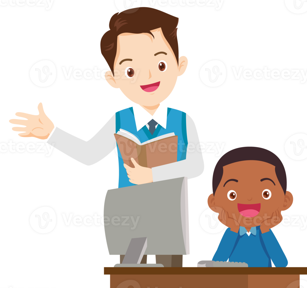 happy teacher and student learning computer png