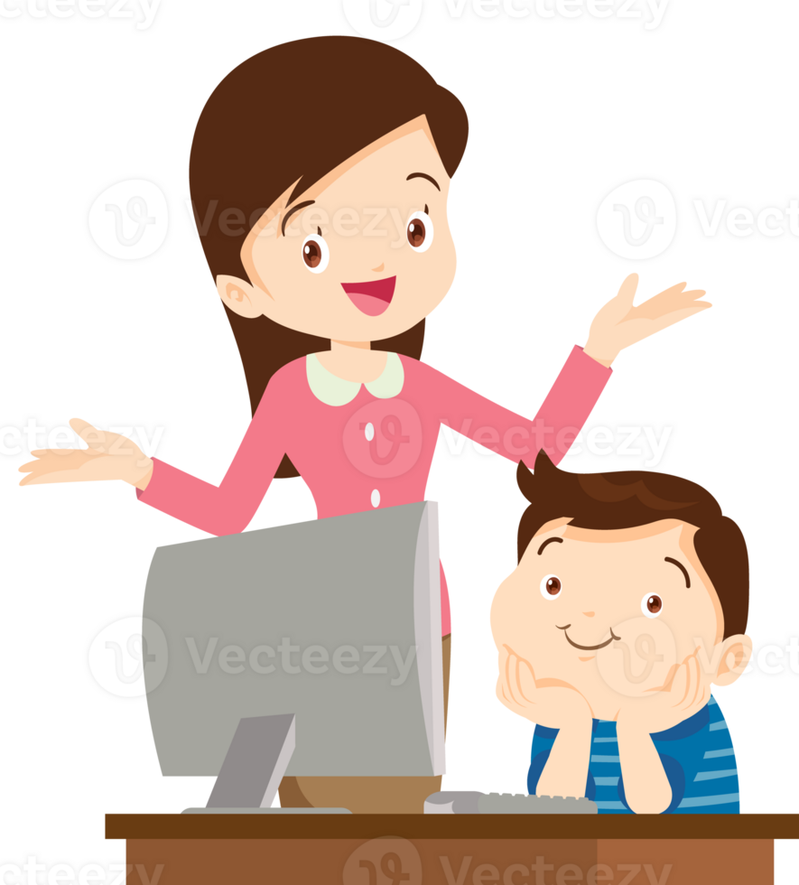 happy teacher and student learning computer png