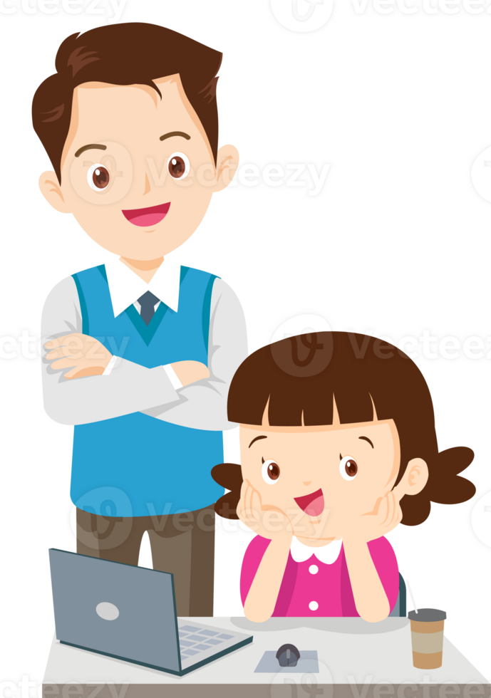 happy teacher and student learning computer png