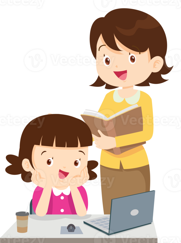 happy teacher and student learning computer png