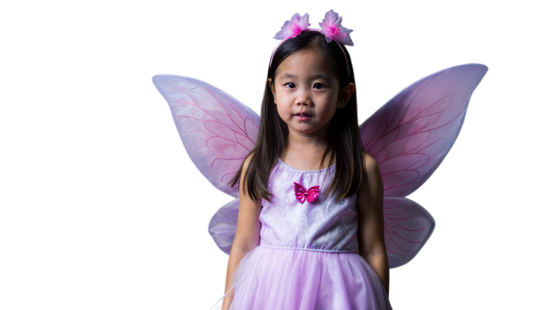 Young Girl Wearing Lavender Butterfly Costume And Flower Headband Young Girl Wearing Lavender Butterfly Costume And Flower Headband