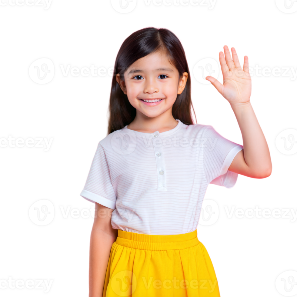 A young girl happily waving her hand in the air. png