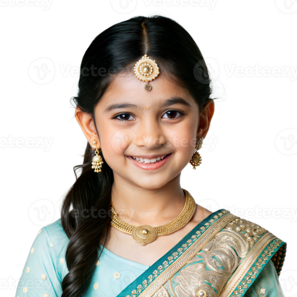 Young Girl Wearing Traditional Indian Sari and Jewelry png