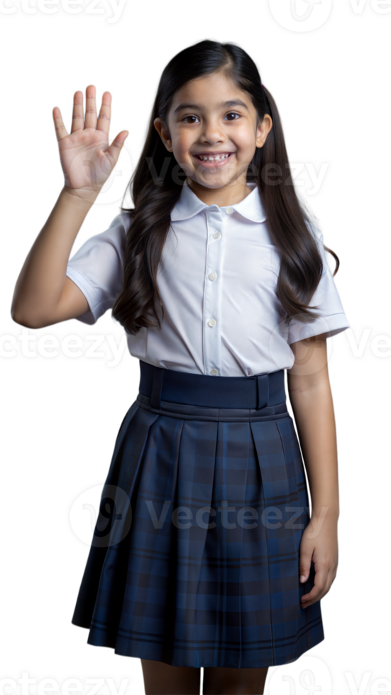 A schoolgirl in uniform smiling and waving her hand. png