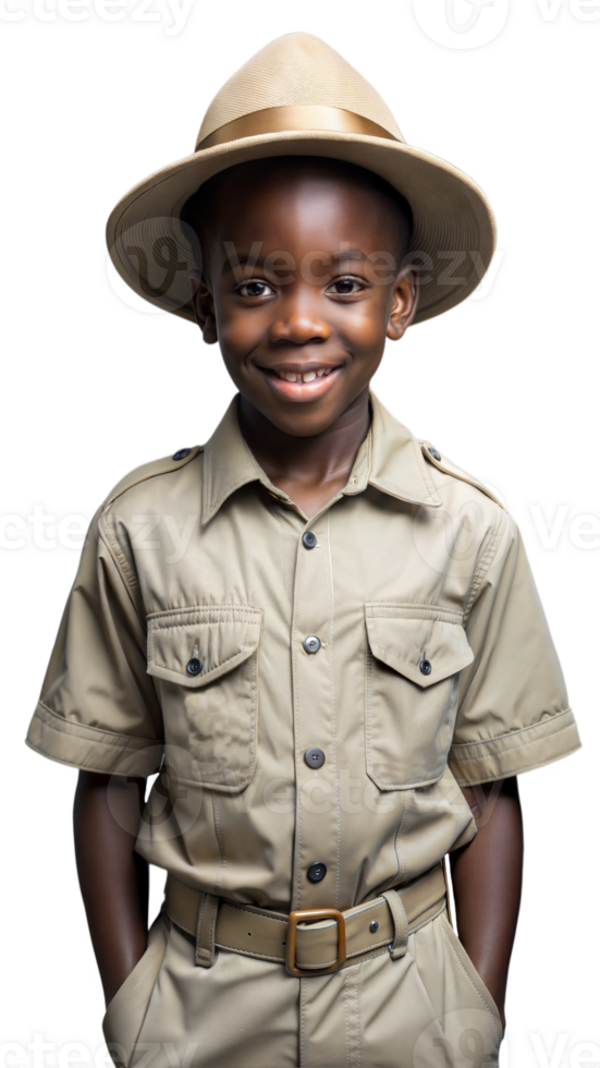 Young Boy Wearing Khaki Scout Uniform and Hat Smiling png