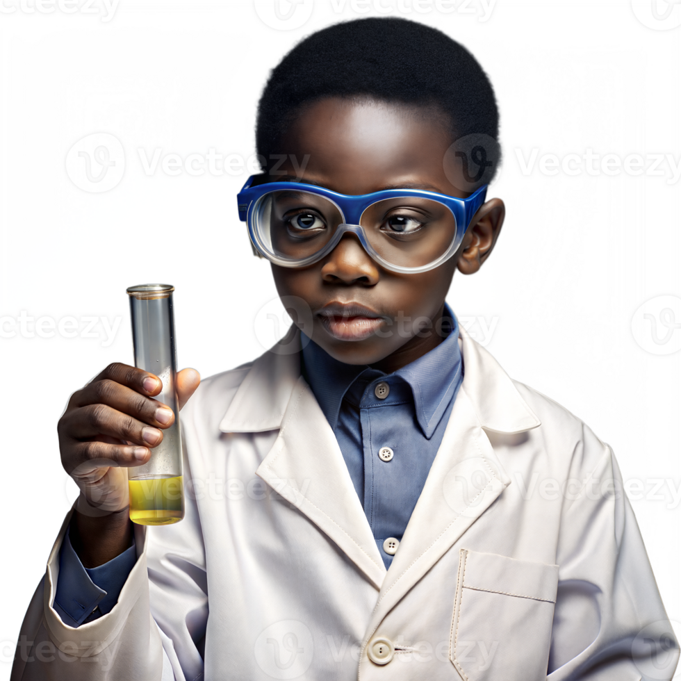 A young African boy in a lab coat carefully holds a test tube, focusing intently on the experiment. png