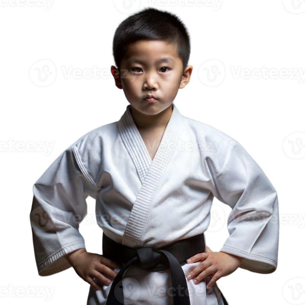 A young boy in karate gear standing confidently with his hands on his hips. png