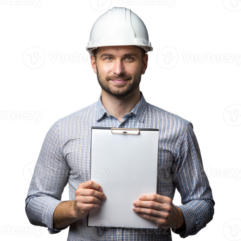 Construction Worker Holding Clipboard With Empty Paper png