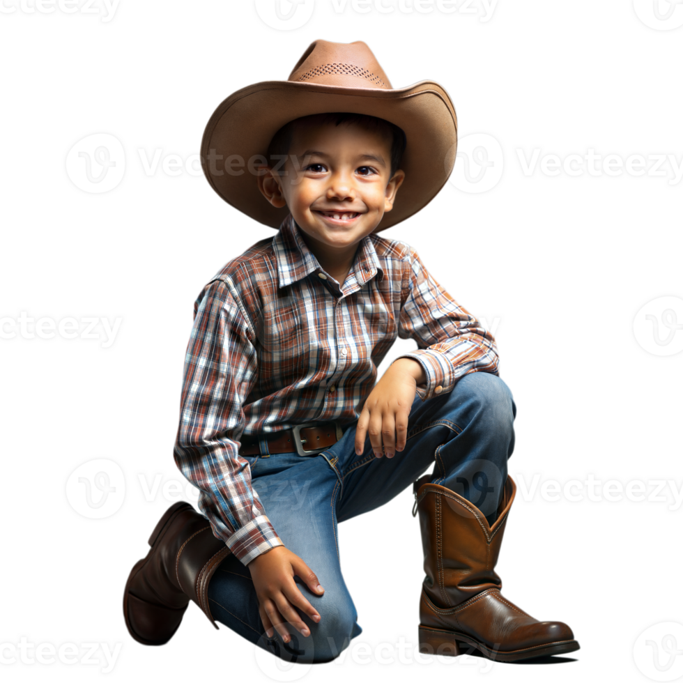 Young Boy Wearing Cowboy Hat and Boots Kneeling and Smiling png