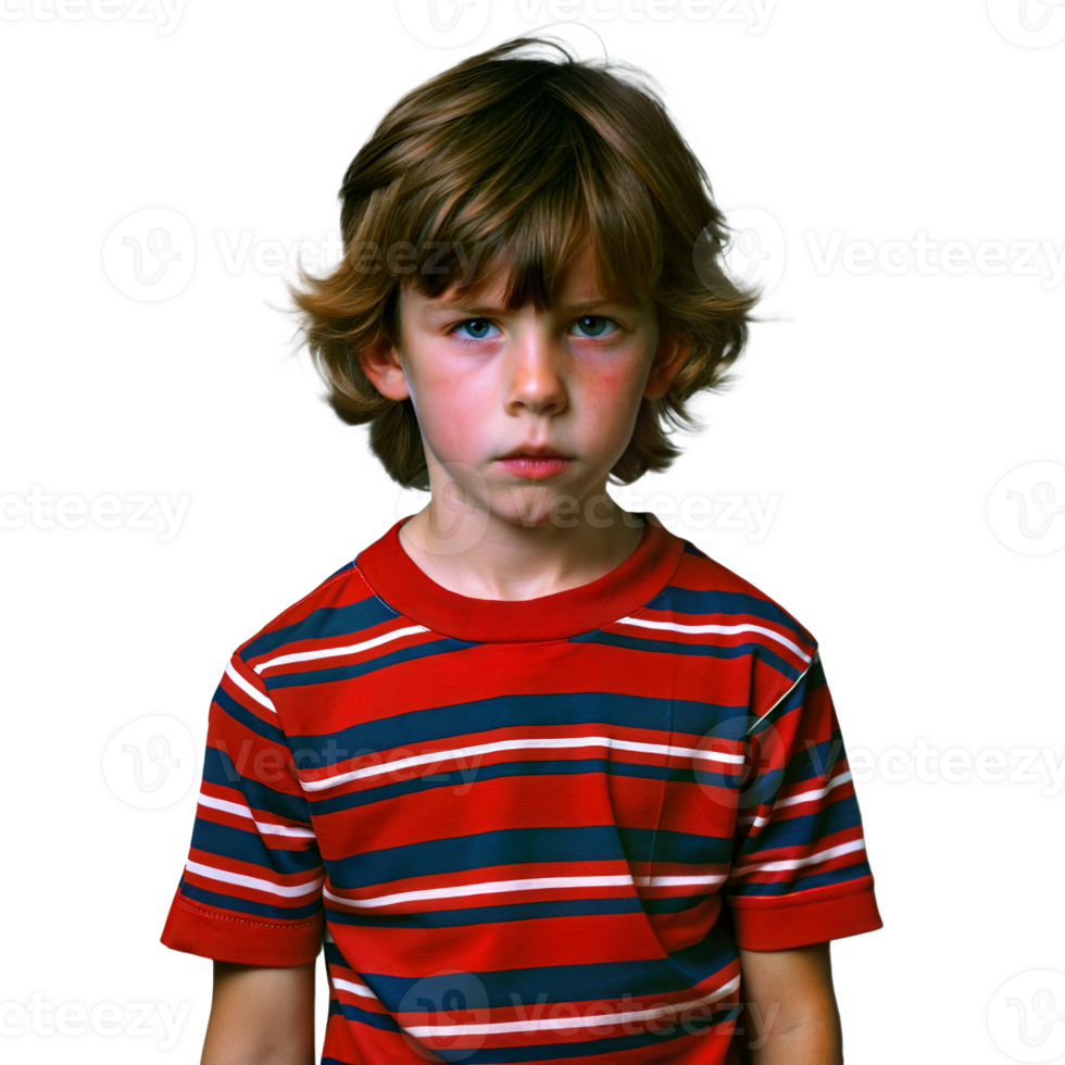 Young Boy With Red Striped Shirt Looking Serious png