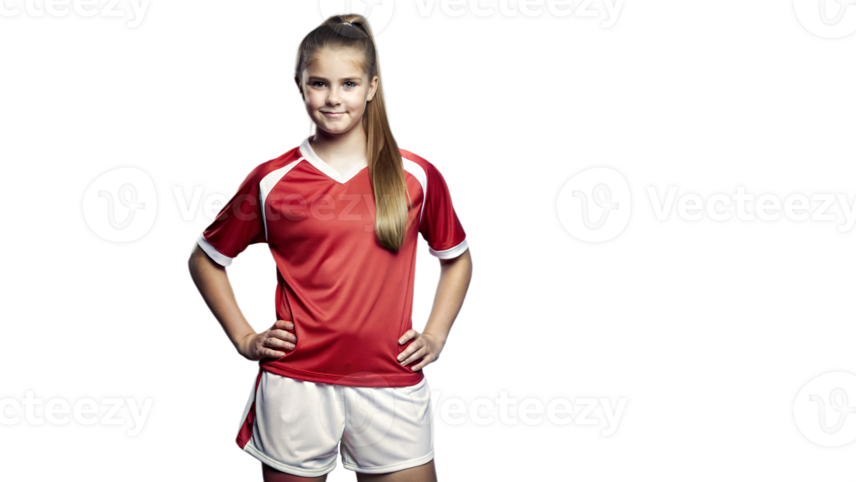 Young Female Soccer Player Wearing Red Jersey and White Shorts png