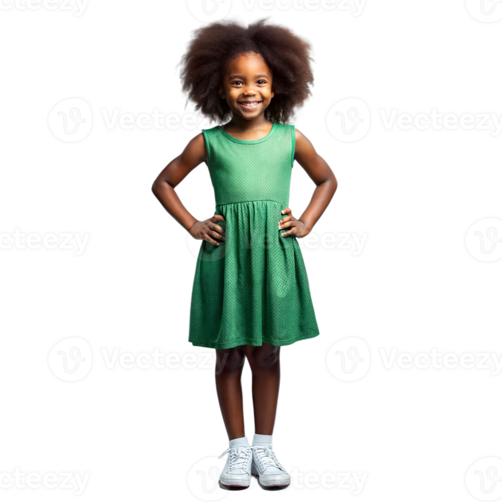 Happy Young Girl Standing in Green Dress Smiling png