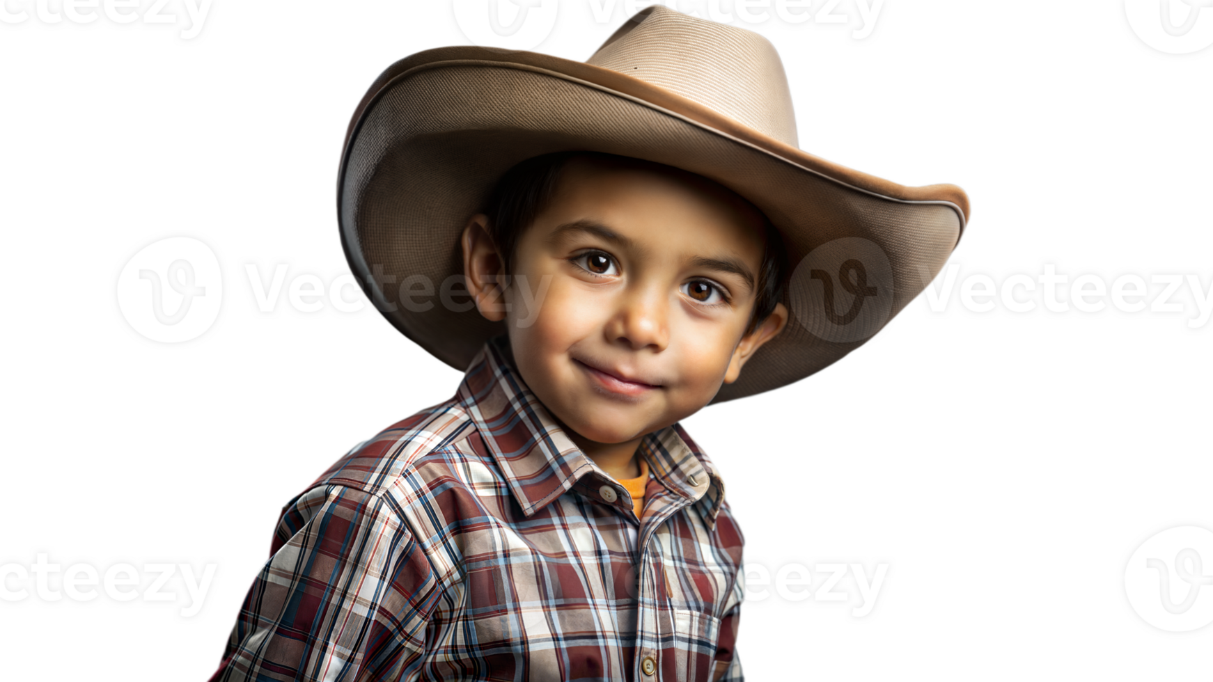 Young Boy Wearing Cowboy Hat and Plaid Shirt Smiles for the Camera png