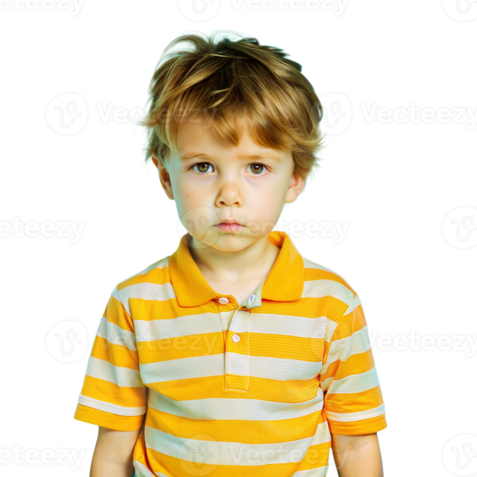 Young Boy Wearing Yellow Striped Shirt Stands in Front of Transparent Background png