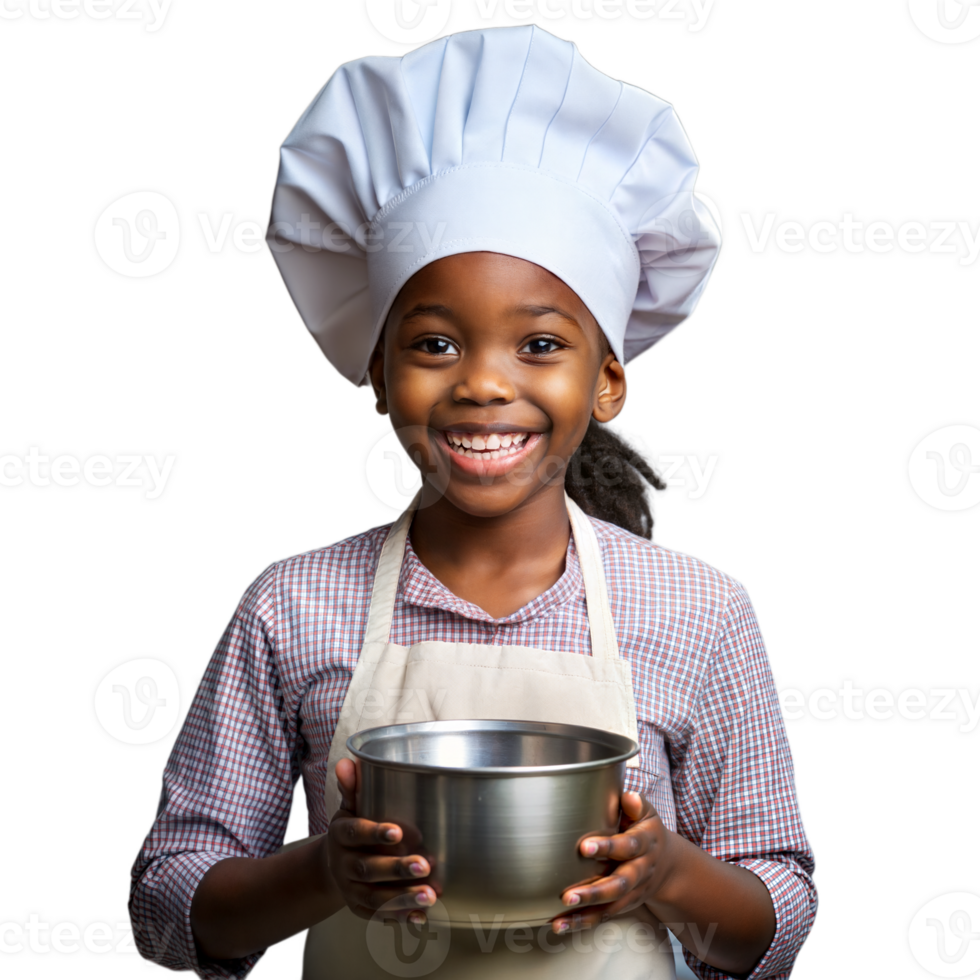 sorridente jovem chefe de cozinha vestindo uma branco chapéu detém uma Panela png