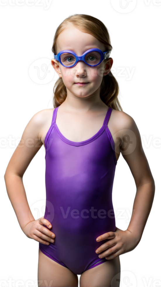 Young Girl Wearing Purple Swimsuit and Goggles Ready for Swimming png