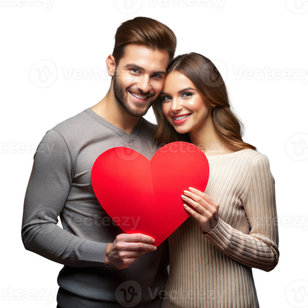 A smiling couple holds a red heart against a Transparent background. png