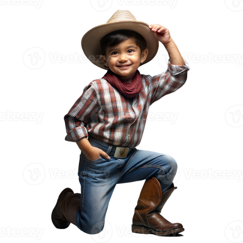 A young boy wearing a cowboy hat, plaid shirt, jeans, and boots, standing confidently. png