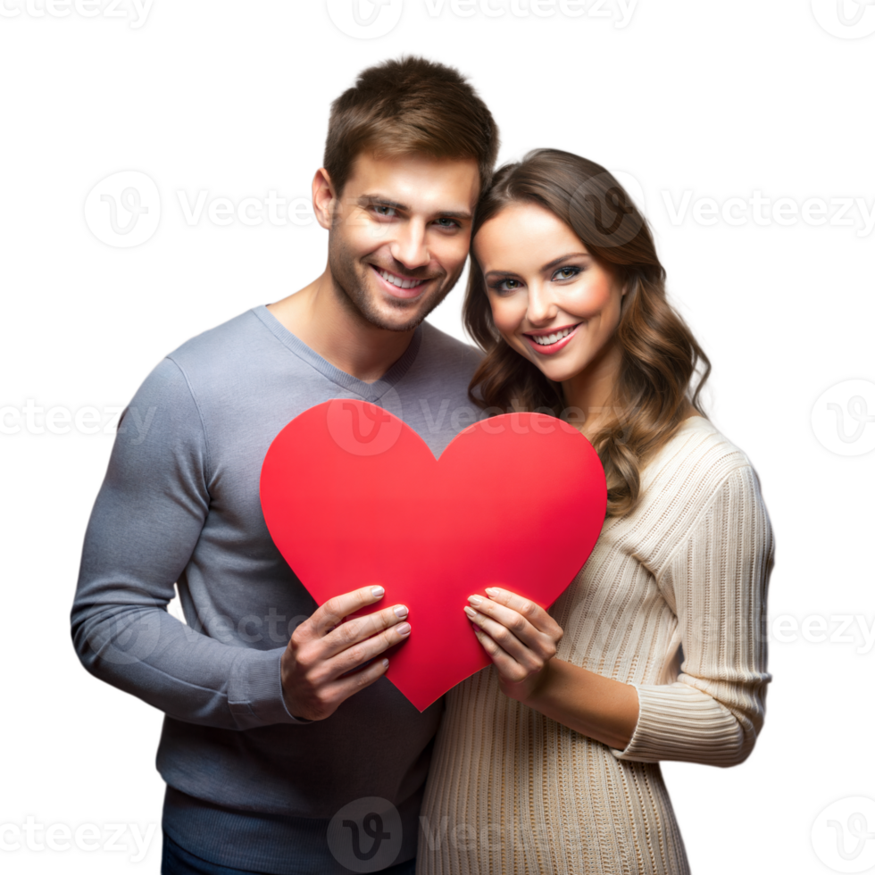 A smiling couple holds a red heart against a Transparent background. png
