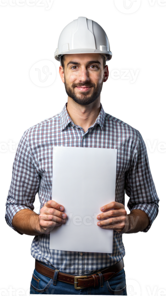 Smiling Construction Worker Holding Blank Paper png