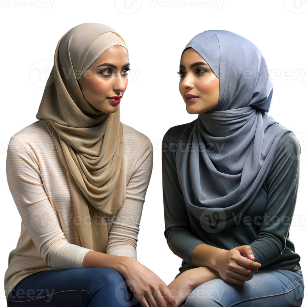 Two Women Wearing Hijabs Sitting and Talking png