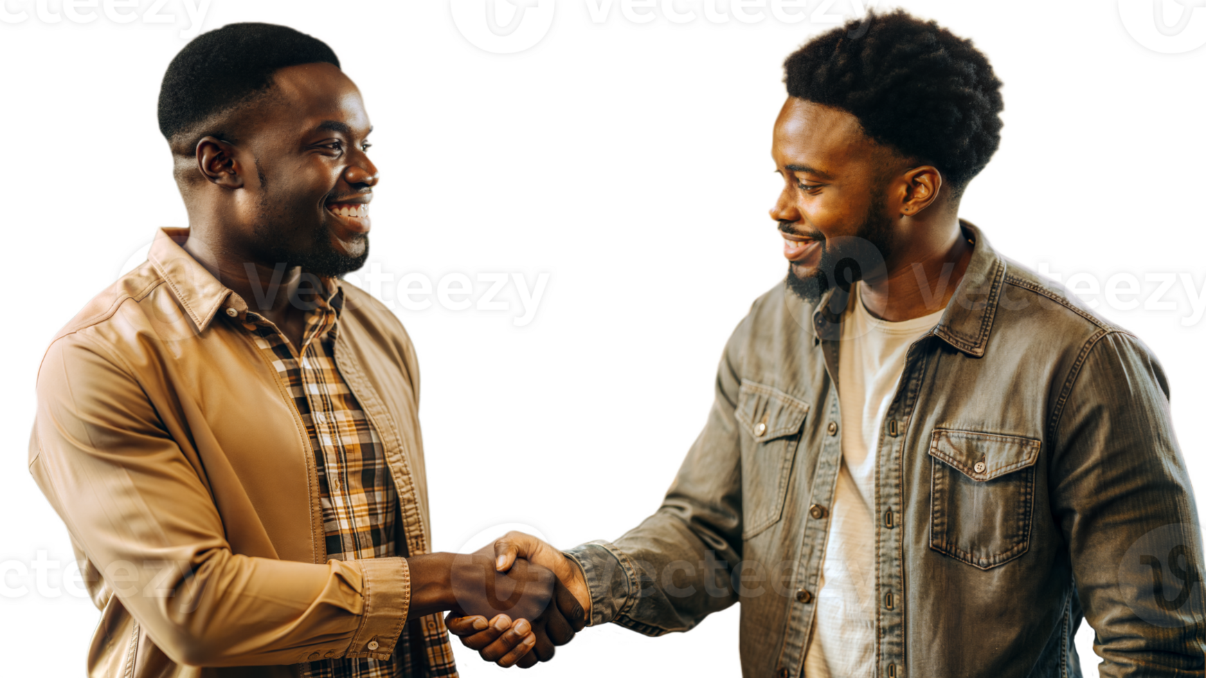 Two Smiling Men Shaking Hands in a Casual Setting png