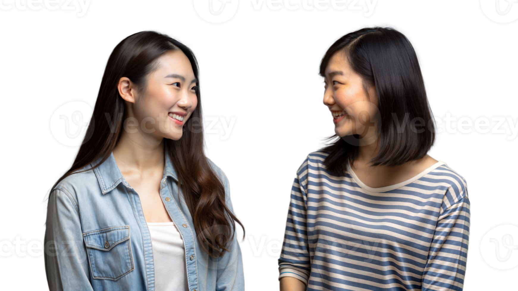 Two Happy Asian Women Talking and Smiling at Each Other png