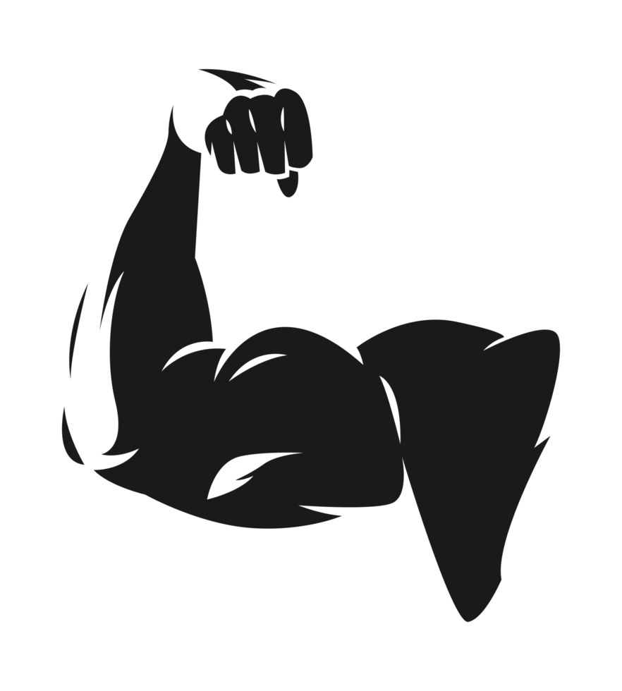 Silhouette black and white of male biceps muscles. Flexing biceps, strong arm. Silhouette illustration. png